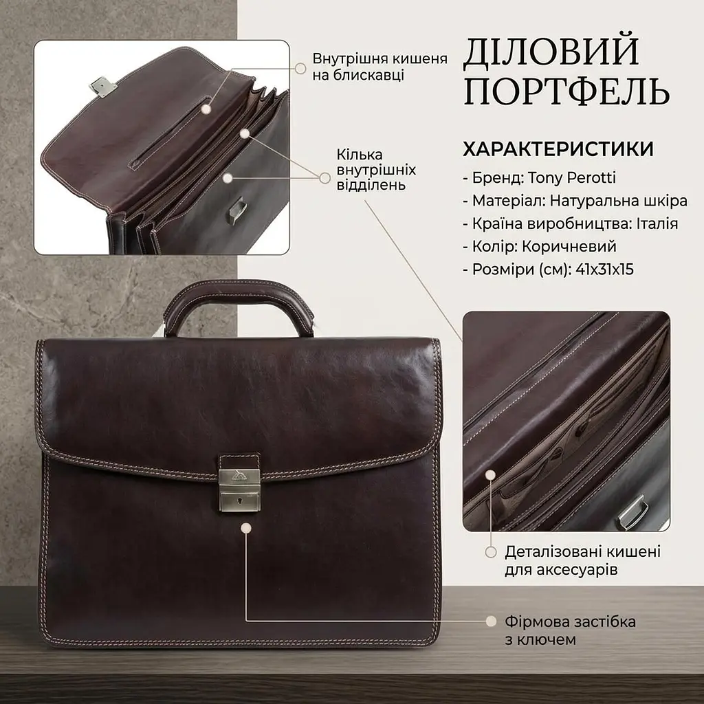 Чоловічий діловий портфель Tony Perotti 8009/42 moro (90378) Коричневий - фото 3