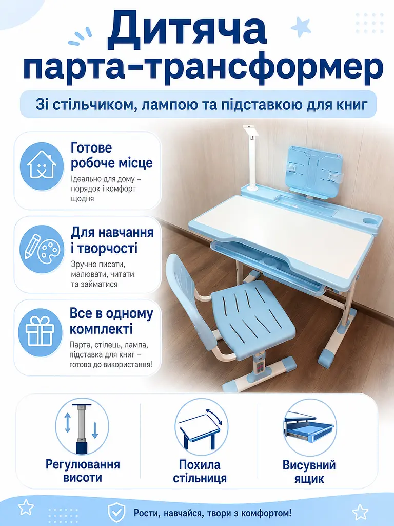 Дитяча регульована парта зі стільчиком, лампою та підставкою для книг блакитна (49675929) - фото 2