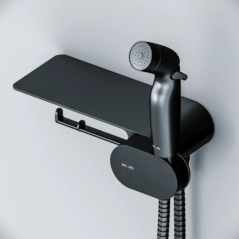 Гигиенический душ скрытого монтажа Am.Pm Like с полкой black matt F0202622, Черный матовый - фото 6