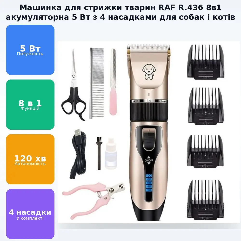 Машинка акумуляторна для стрижки тварин 8в1 Набір для грумінгу 4 насадки 5Вт триммер для собак та котів RAF R.436 - фото 2