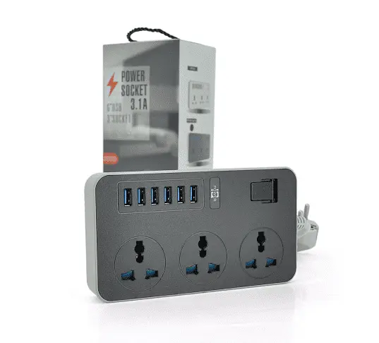 Мережевий фільтр ТВ-Т09, 3 розетки + 6 USB, 2 м, перетин 3х0,75 мм, 3000 Вт, чорно-сірий