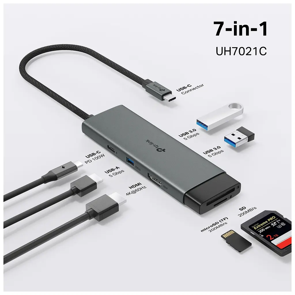 Концентратор TP-Link USB-C 7-in-1 3xUSB + HDMI + SD/TF + USB-C PD100W (UH7021C) - фото 5