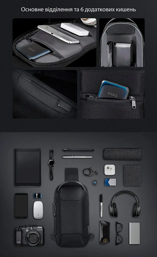 Рюкзак міський Mark Ryden 7116 8л на одне плече, для планшета до 9.7, USB, замок Black (18317) - фото 3