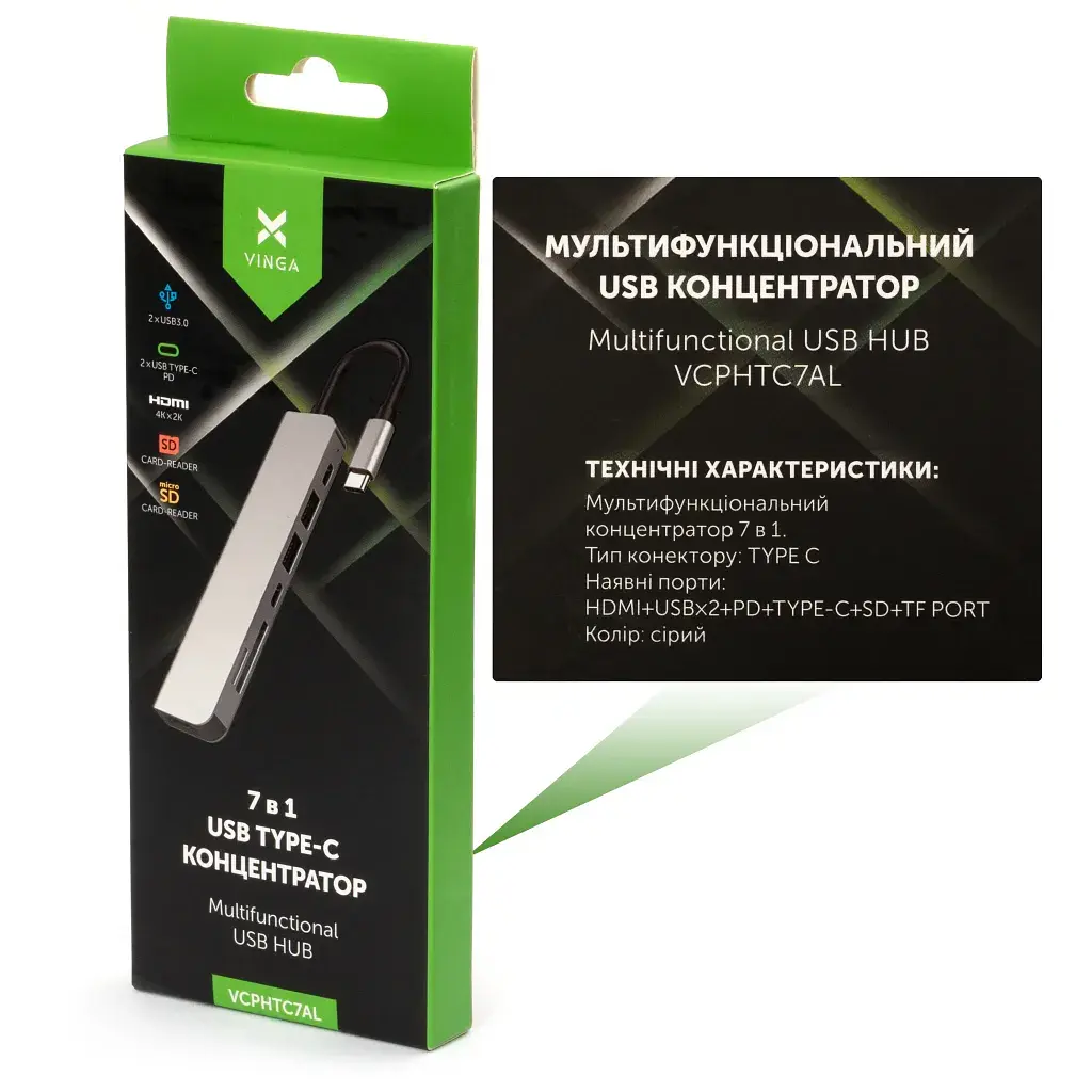 Концентратор Vinga Type-C to 4K HDMI+2*USB3.0+SD+TF+PD+USB-C 3.1 Gen1 aluminium (VCPHTC7AL) - фото 5