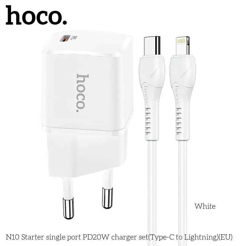 Адаптер мережевий HOCO Type-C to Lightning Cable Starter N10 набір із кабелем білий - фото 6