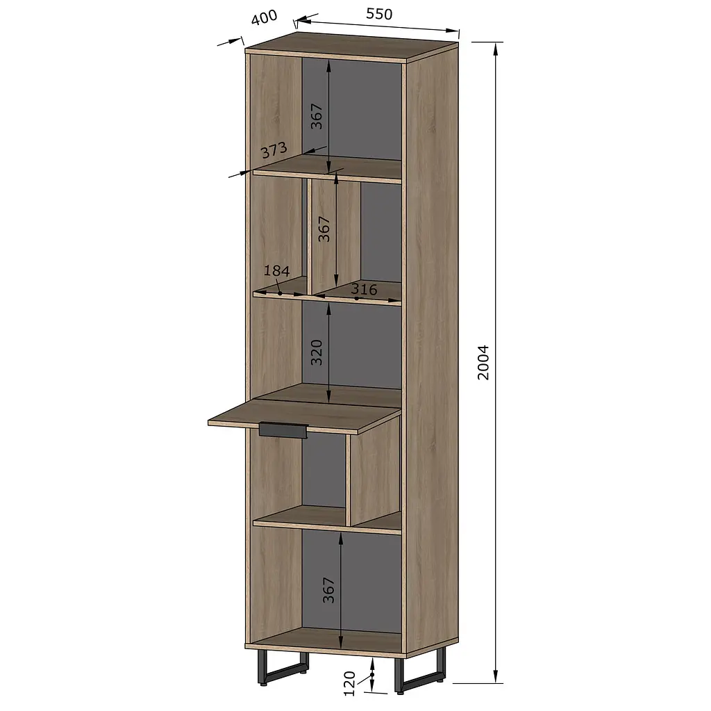 Стеллаж для книг и декора на ножках Moreli Forte F-0016 в стиле Loft 550х2000х400 мм Дуб Кверкус - фото 2
