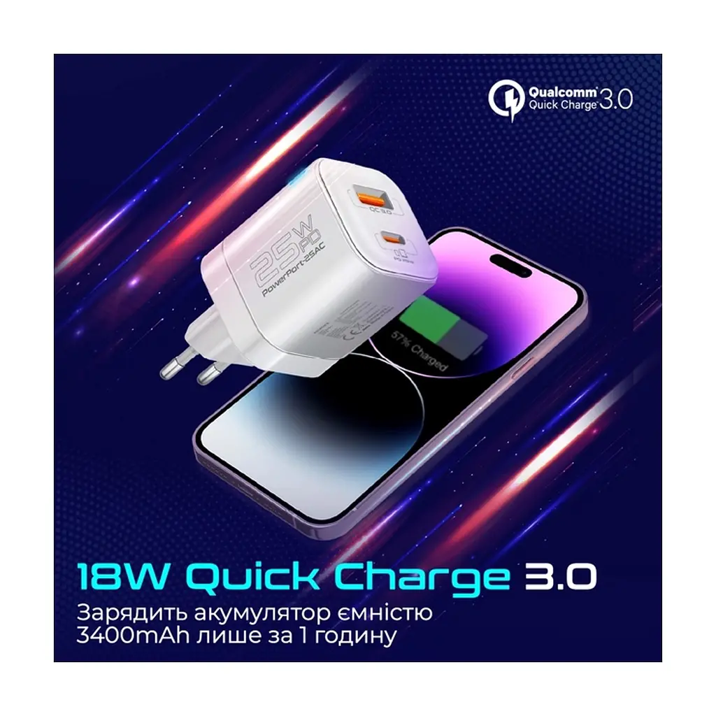 Зарядний пристрій Promate USBC PD25W + USBA QC3.0 18W White (powerport-25ac.white) - фото 6