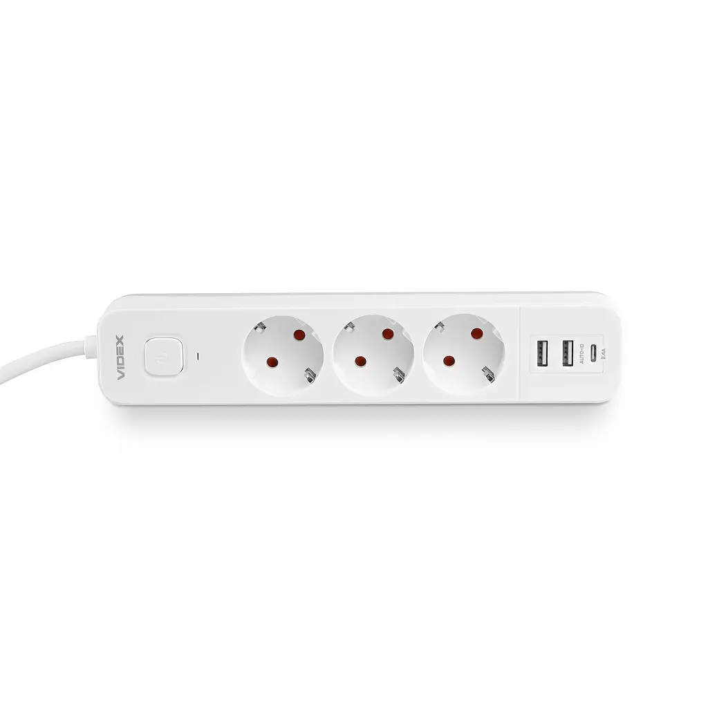 Мережевий подовжувач VIDEX ONCORD з/з 3п 3м (3x1.5мм) 2.4А 2USB+USB-C з кнопкою White VIDEX (27693-000) - фото 5