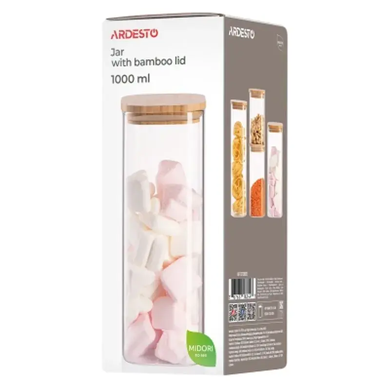 Ємність для сипучих продуктів Ardesto Midori 1000мл, скло, бамбук, квадратна, прозорий (AR1310BBS) - фото 4