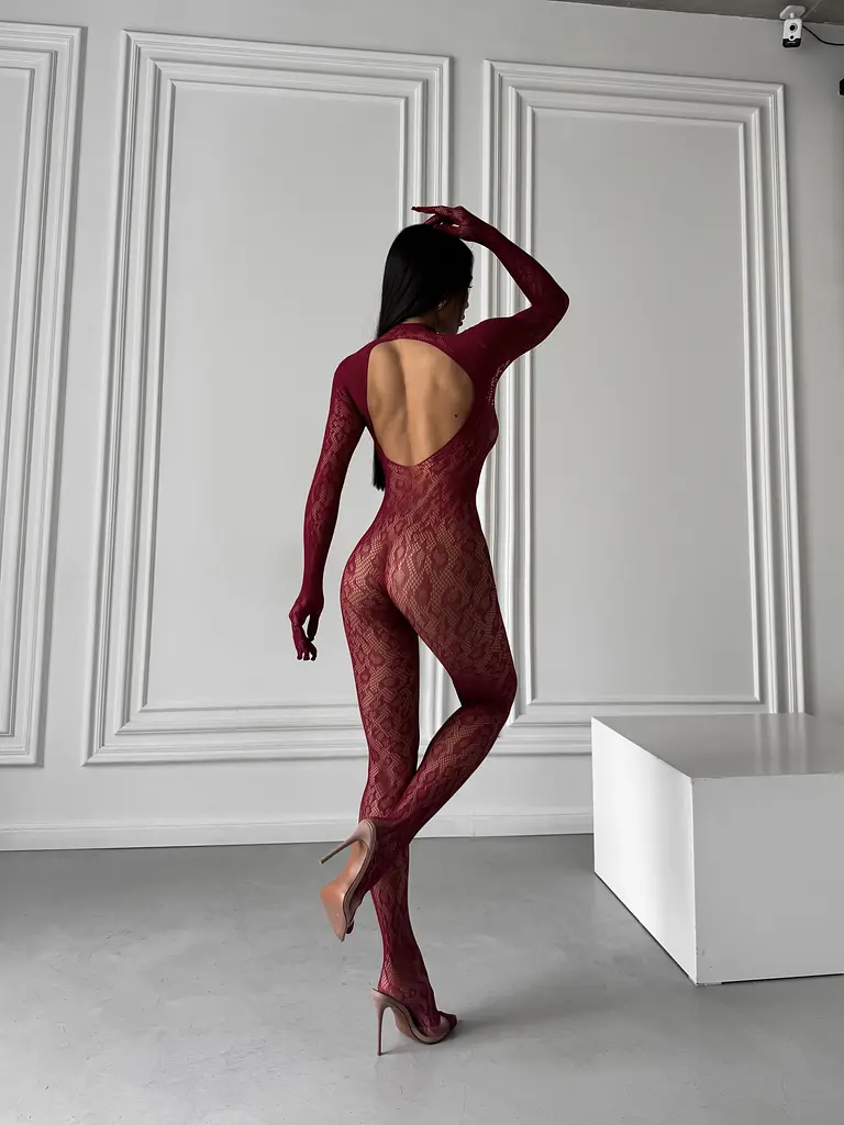 Бодістокінг жіночий закритий у леопардовий принт бордовий S/M/L - фото 5