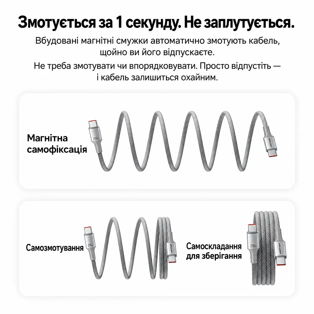 Кабель Vention TSAJF магнітний USB-C - USB-C PD 3.1 240 Вт 1 м титаново-золотий (TSAJF) - фото 2