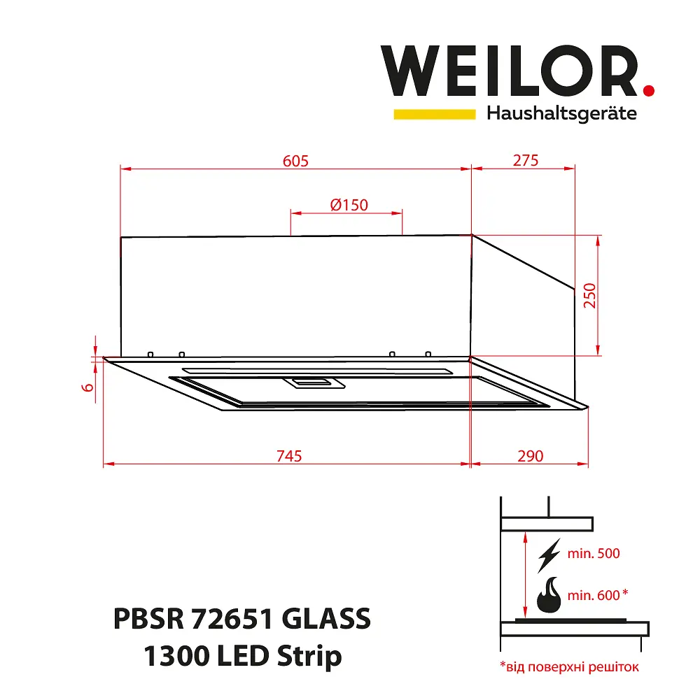 Витяжка повновбудована WEILOR PBSR 72651 GLASS BL 1300 LED Strip - фото 13