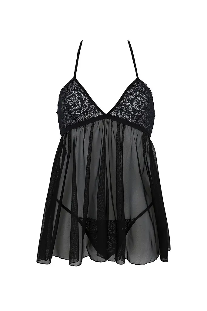Пеньюар Passion KERRIA CHEMISE black, L/XL, мереживний верх, трусики в комплекті - фото 3