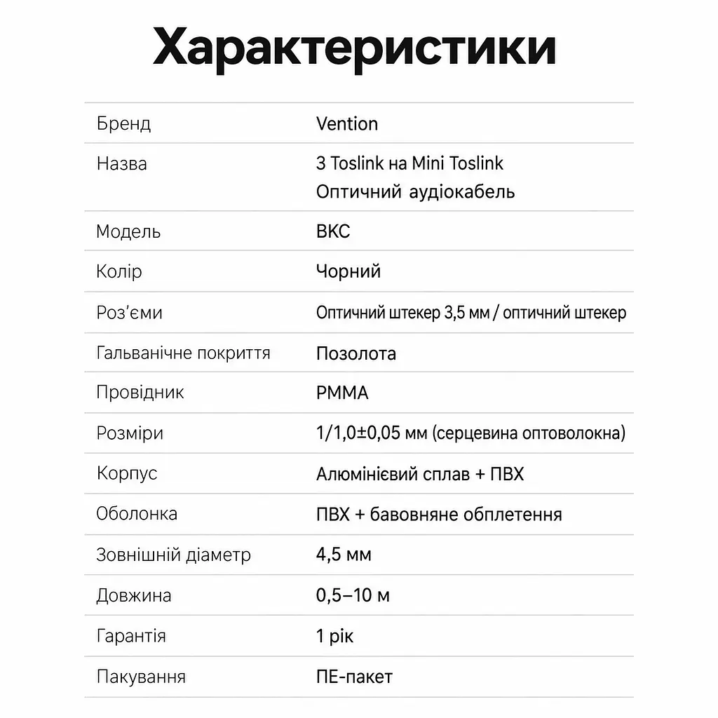Оптический аудиокабель Vention 1 м тослинк S/PDIF штекер Toslink к штекеру Mini Toslink 3,5 мм наружный диаметр кабеля 4,5 мм оболочка PVC с хлопковой оплёткой чёрный с золотистыми частями штекеров (BKCBF) - фото 3