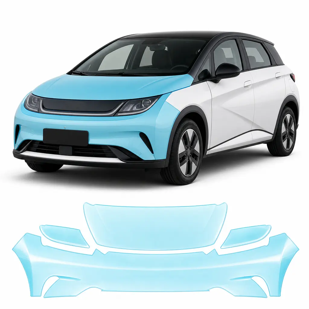 Антигравійна захисна бронеплівка за лекалами для BYD Dolphin I 2021-2024 - передня частина авто (капот бампер крила))