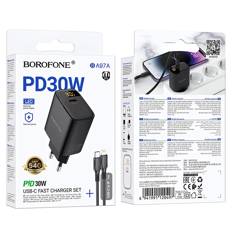 Сетевое зарядное устройство Borofone BA97A Ilustre single-port PD30W Charger with digital display set (C to iP) - фото 2