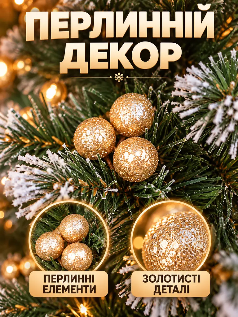 Сертифікована ялинка штучна пухнаста зі снігом і золотими шишками та перлинами YaLINKA КZ22 220 см із високоякісного нешкідливого - фото 7