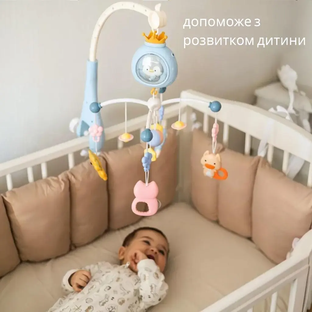 Мобіль на ліжечко з пультом, дитяча карусель для новонароджених немовлят мобілі 2 в 1 з таймером Пингвинчик, колискові та звуки (368-6B) блакитний - фото 8