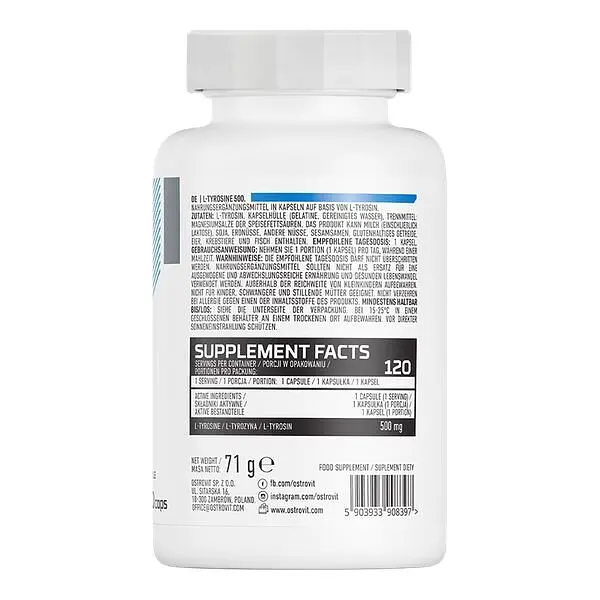 L-тирозин OstroVit L-Tyrosine 500 mg, 120 капсул для підтримки щитовидної залози - фото 2