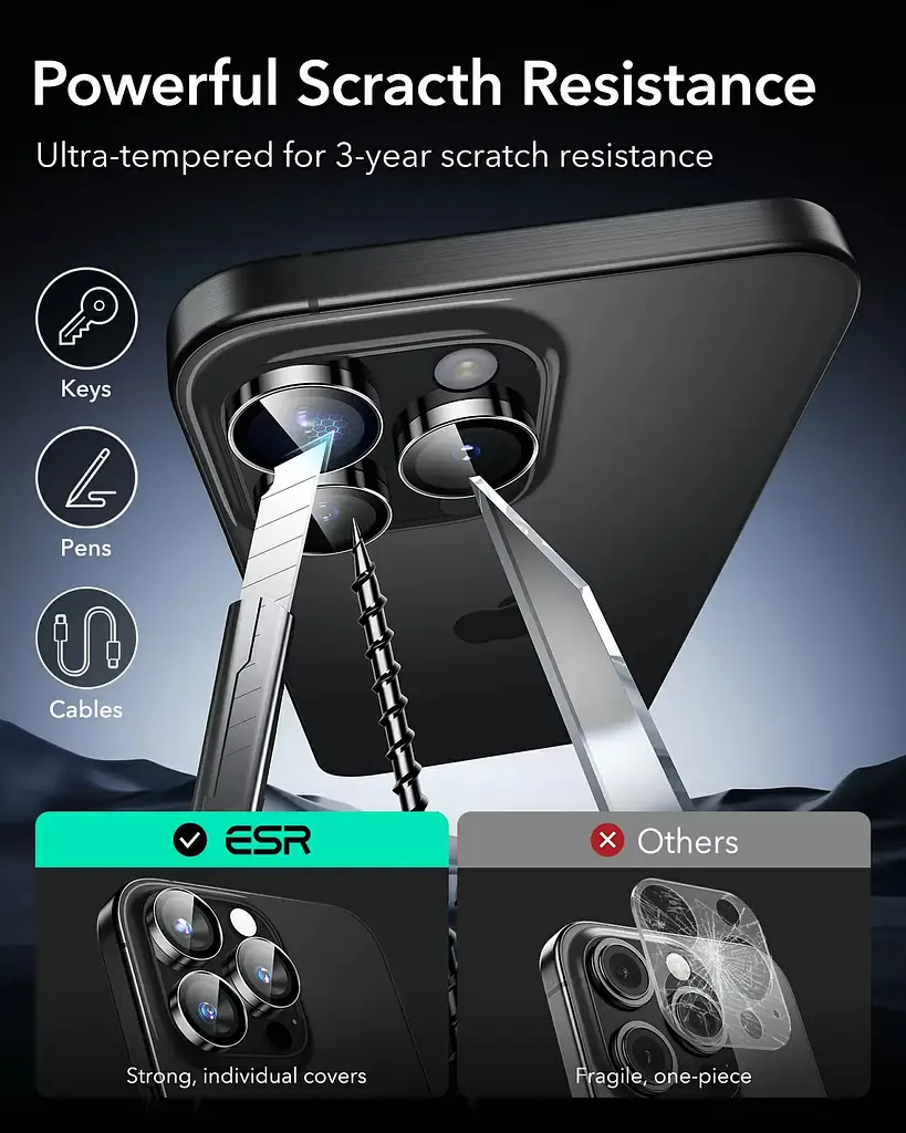 Защитное стекло для камеры ESR Armorite Camera Lens Protectors Clear для iPhone 16 Pro | 16 Pro Max | 15 Pro | 15 Pro Max | 14 Pro | 14 Pro Max (1D73200102) - фото 7