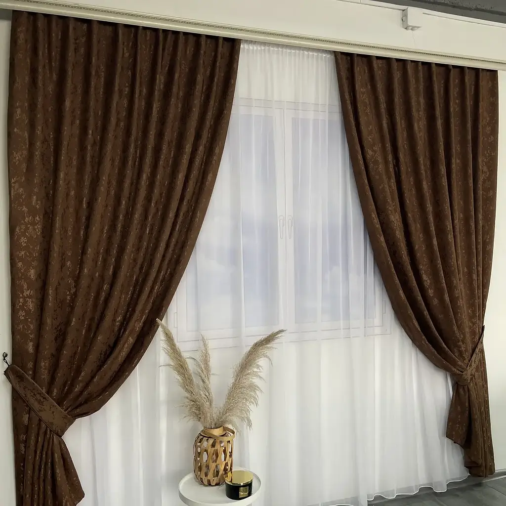 Льняні мармурові штори коричневого кольору 2шт. 200х270 на тасьмі ALBO pbe0052458 - фото 3