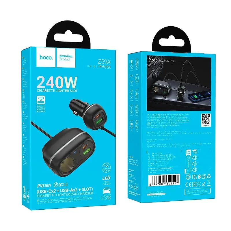Адаптер автомобільний Hoco Rank Car charger Z59A 2USB/2TypeC/1 slot 240W cigarette lighter, PD30W/Q - фото 2