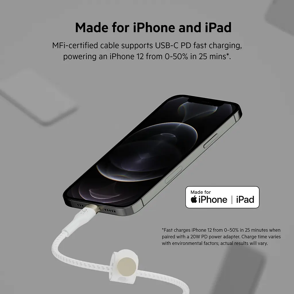 Кабель Belkin USB-C > Lightning заряджання/синхронізації 1м, Type-C, плетений, силіконовий, з ремінц teh0013624 - фото 10