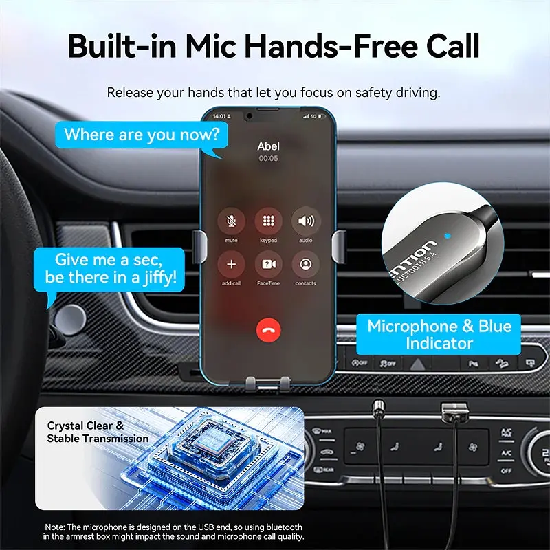 Автомобільний аудіоприймач Vention AUX TRS 3.5мм USB Bluetooth 5.4 Coiled Cable Zinc Alloy 1.5M Сірий (NAIHG) - фото 5