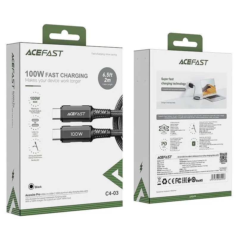 Кабель ACEFAST C4-03 Type-C to Type-C 5A, 100W, 2m, nylon, zinc connectors, чорний C4-03 - фото 3