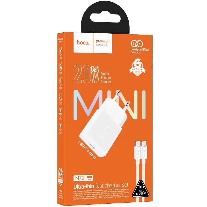 СЗУ Hoco N72 Speed ​​ultra-thin PD20W (1USB-C) + кабель Type-C to Type-C White - фото 2