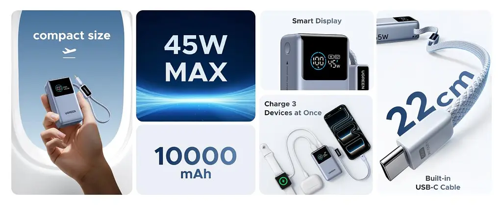 Павербанк з вбудованим кабелем Ugreen PB834 10000 мАг 55W з шкидкою зарядкою та цифровим LED дисплеєм - фото 9