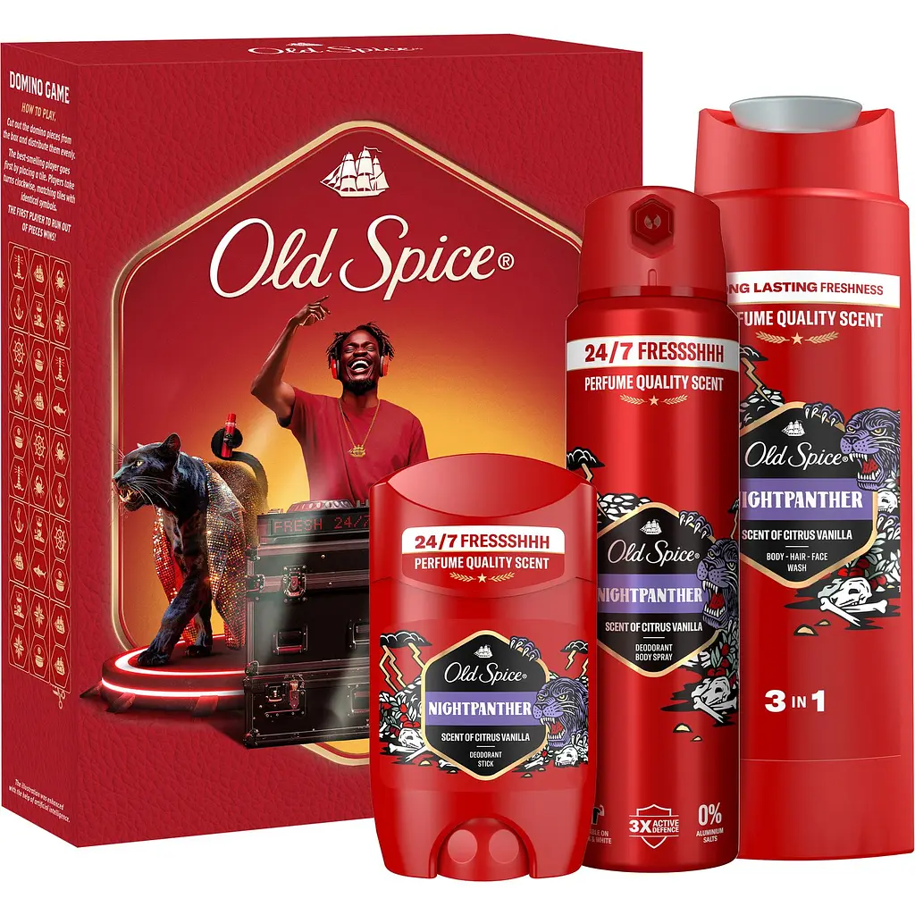 Подарунковий набір Old Spice DJ Night Panther: аерозольний дезодорант 150 мл + дезодорант-стік 50 мл + гель для душу 3-в-1, 250 мл + гра Доміно - фото 1