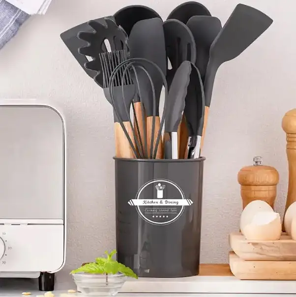 Силиконовый кухонный набор принадлежностей Kitchen & Dining 12 предметов (дерево+силикон) графитовый - фото 2