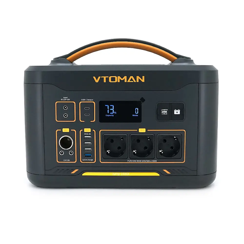 Портативна зарядна станція VTOMAN 1500X, 1500 (макс. 3000) Вт, LiFePO4 828 Вт·год (макс. 2376 Вт·год), 230 В, вихід 3x230 В/1500 Вт, 2x12 В/10 A-10 A, 2xPDTB, прикурювач 12 В/10 A, 36x27x28 см; 20 кг - фото 3