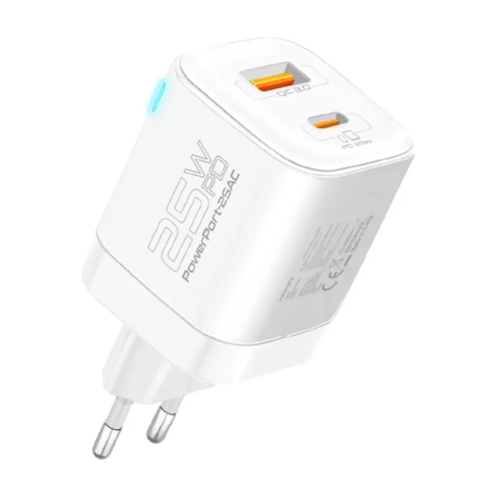 Зарядний пристрій Promate USBC PD25W + USBA QC3.0 18W White (powerport-25ac.white) - фото 9