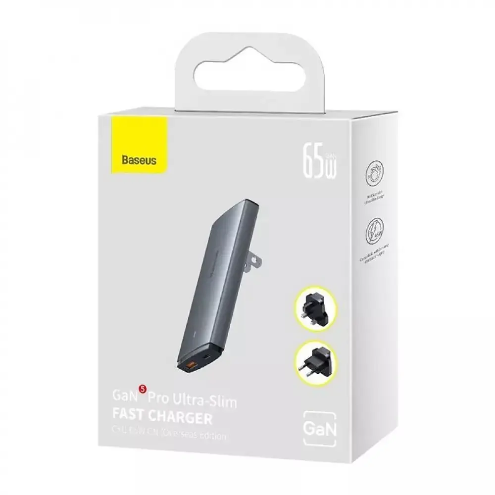 Зарядний пристрій Baseus GaN5 Pro Ultra-Slim 65W 1Type-C+1USB+Cable Type-C to Type-C 100W CCGP150113 Grey - фото 6