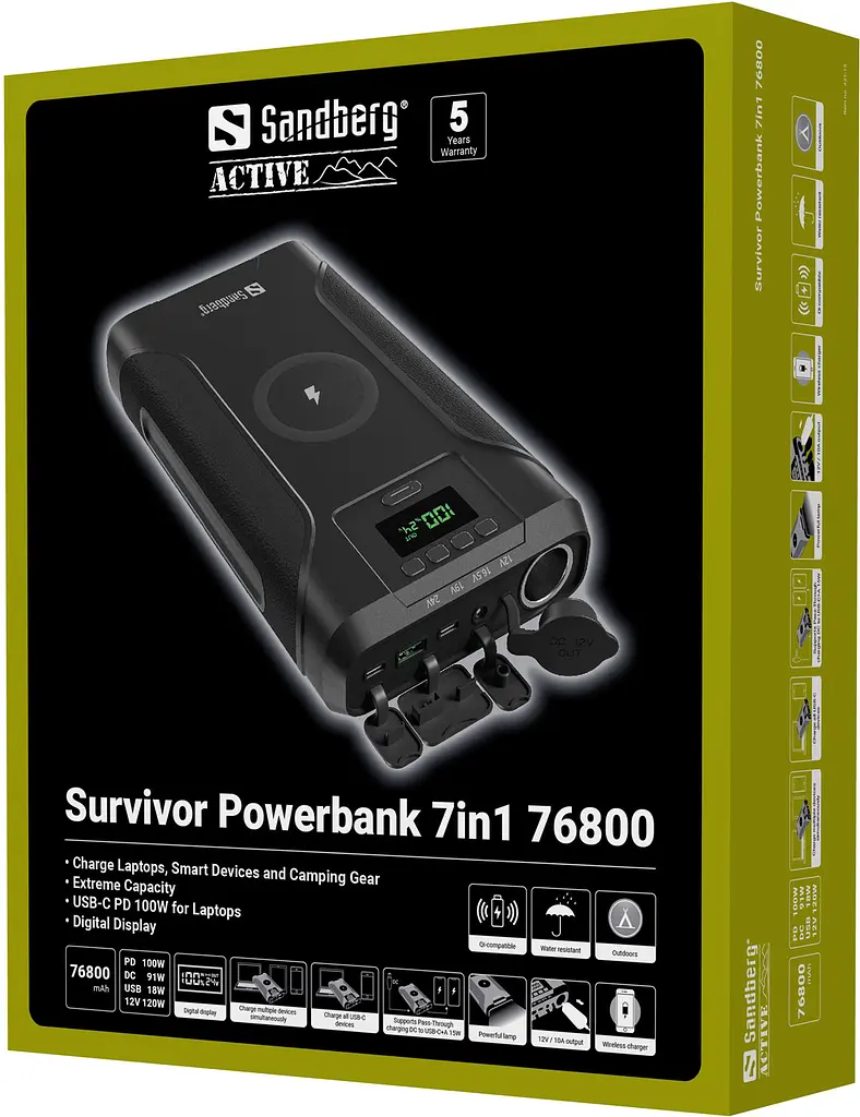 УМБ Sandberg 76800mAh Survivor DC91W PD100W,2xUSB-С+USB-A18W,Cigar Lighter120W,QI-15W,PowerThru - фото 6