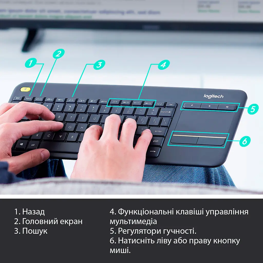 Клавіатура Logitech K400 Plus Touch Wireless Black UA (920-007145) [81156] - фото 6