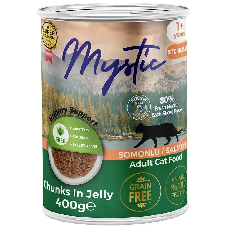 Вологий корм для стерилізованих котів Mystic шматочки лосося в желе 400 г