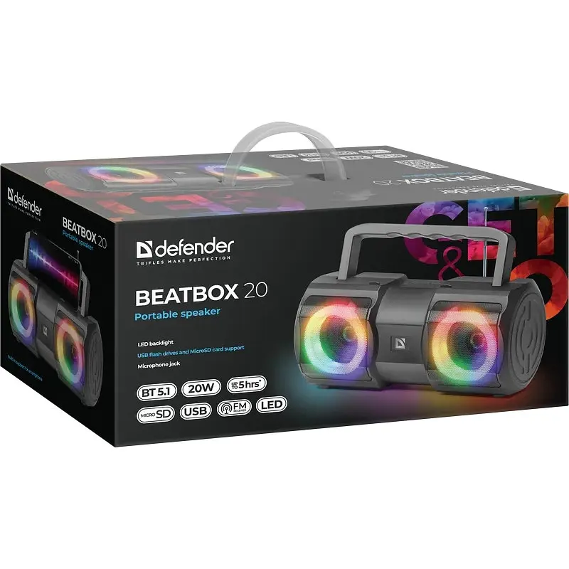 Бездротова акустика портативна колонка Defender Beatbox 20W Light / BT / MIC / FM / USB / microSD - фото 5
