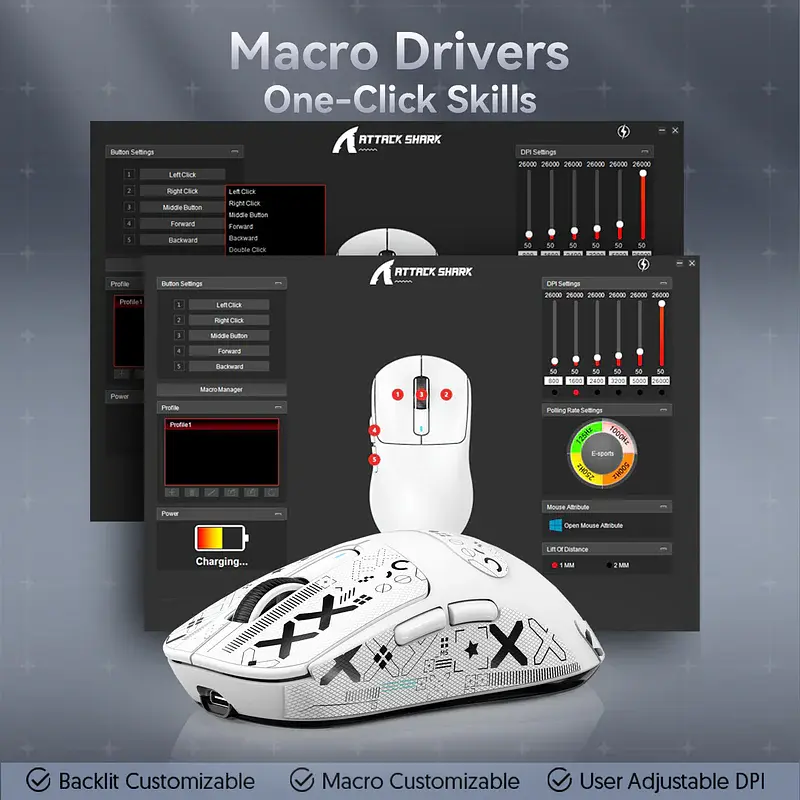 Ігрова бездротова миша ATTACK SHARK X3PRO / 8K / 59 г / Сенсор PAW3395 / Три режими підключення / White - фото 3