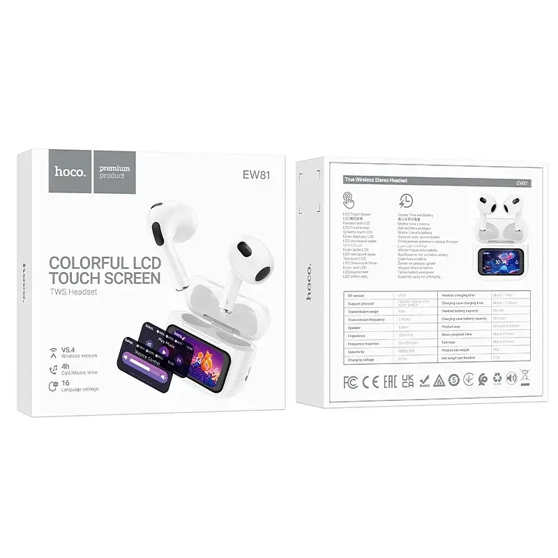 Беспроводные наушники Hoco EW81 Elegant true wireless touch screen BT headset, BT5.4, 30mAh, 300mAh, 4h, white - фото 2