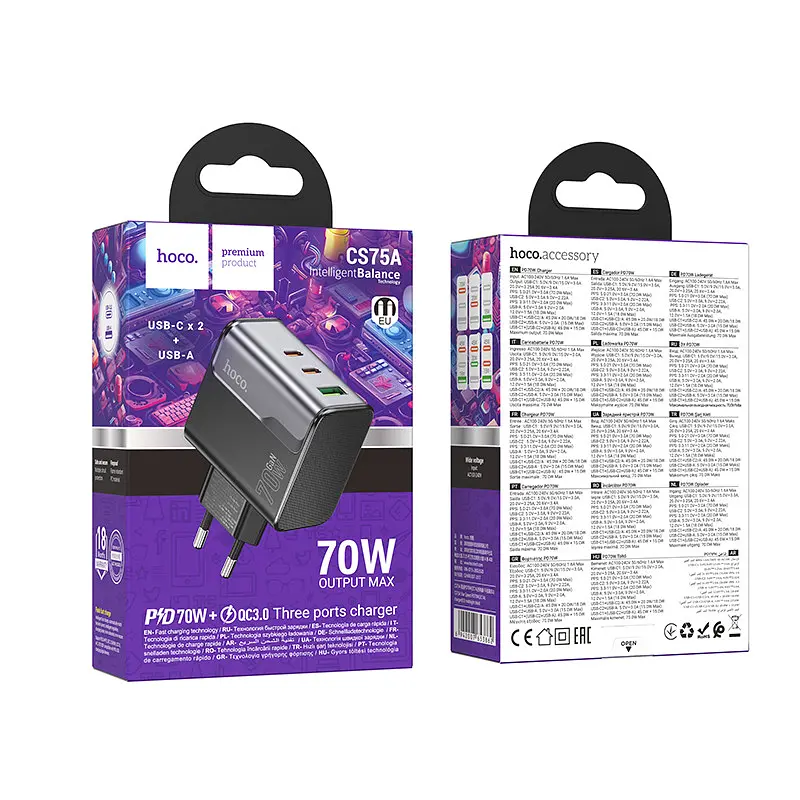 Сітчастий зарядний пристрій HOCO CS75A Star Speed PD70W(2C1A) charger midnight чорний - фото 2