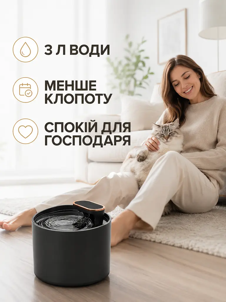 Автоматична поїлка для тварин 3 л фонтан USB з фільтром чорний (49676060) - фото 9