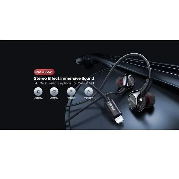 Наушники Remax RM-655i Lightning Metal Wired Earphone for Music & Call черные - фото 5