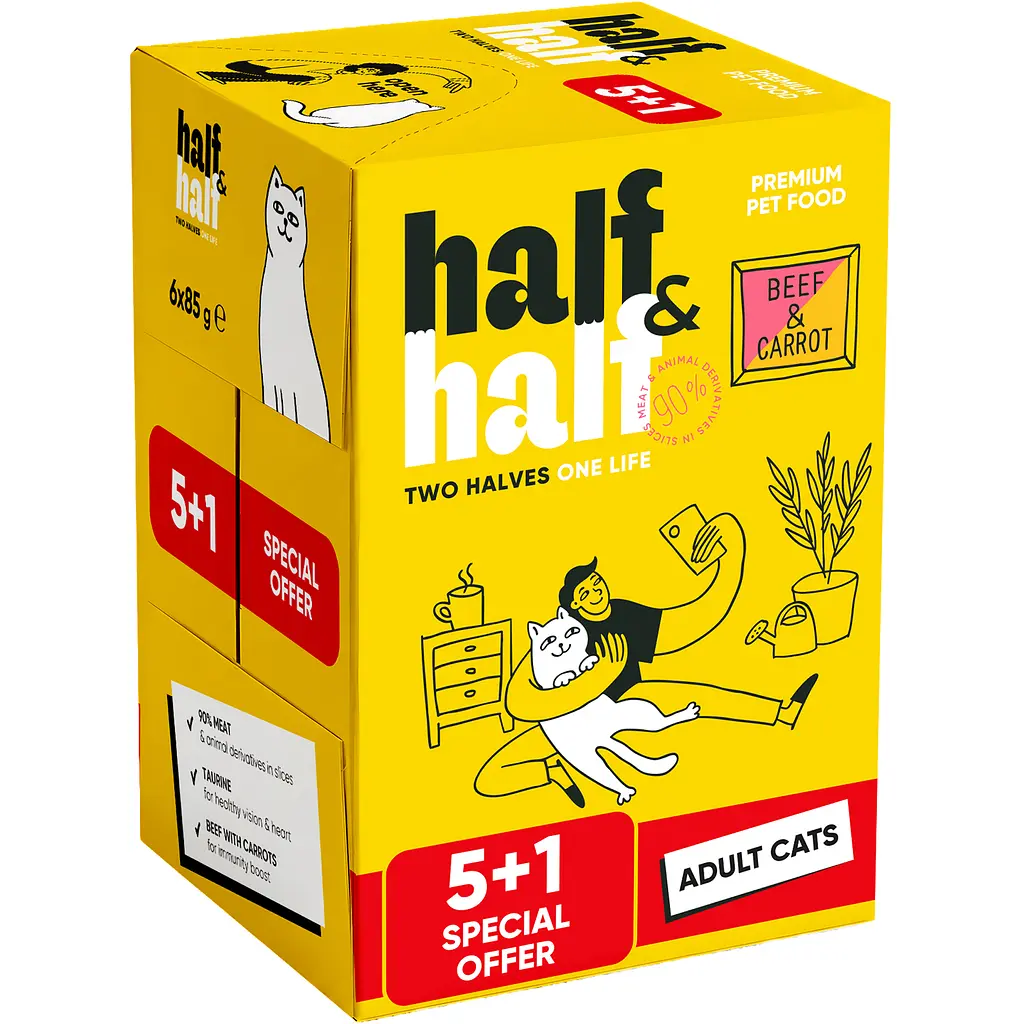 Набір вологих кормів 5+1 Half & Half з яловичиною та морквою в желе для дороcлих котів 6 шт. х 85 г - фото 2