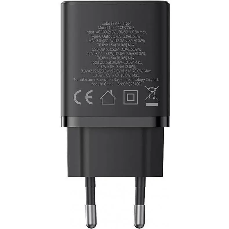 Мережевий зарядний пристрій Baseus Cube 30W USB-A + USB-C Cluster Black (P10111404113-00) [146304] - фото 3