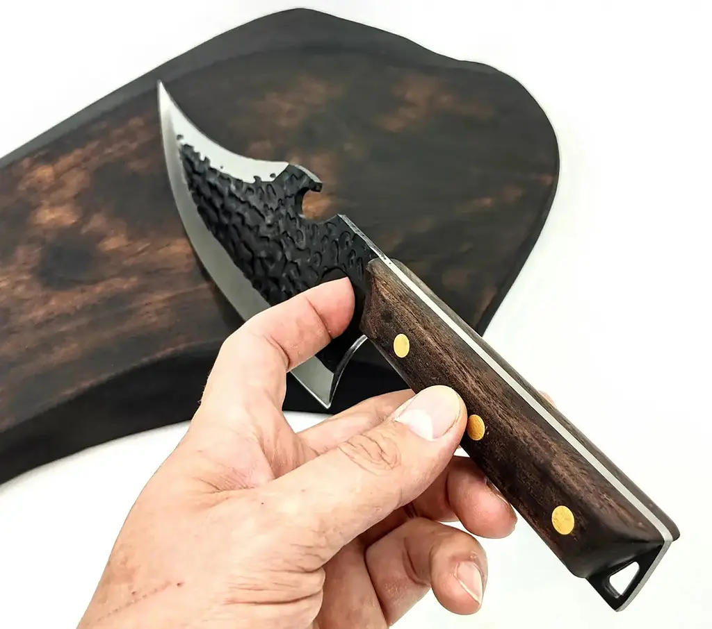 Обвалювальний ніж-сокира для м'яса й овочів з нержавіючої сталі з кованим лезом із дерев'яною ручкою 29 см King Cary Santoku 88110 - фото 4