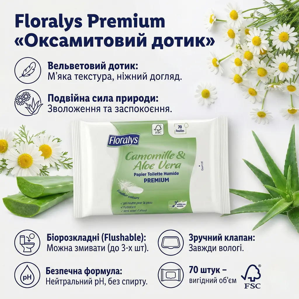 Вологий туалетний папір Floralys Premium Camomille & Aloe Vera оксамитовий дотик 70 шт. Змивається, екстра-м'який - фото 3