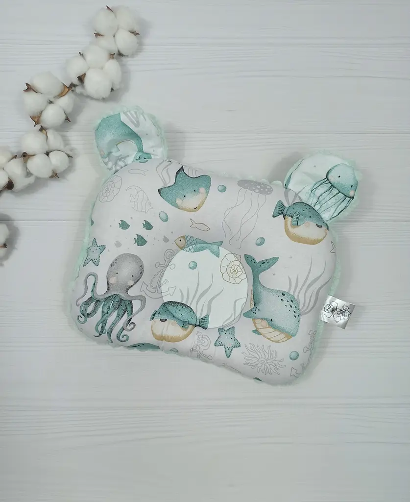 Дитяча ортопедична подушка 24×32 для новонароджених a.l.babybox Морські мешканці М'ятний